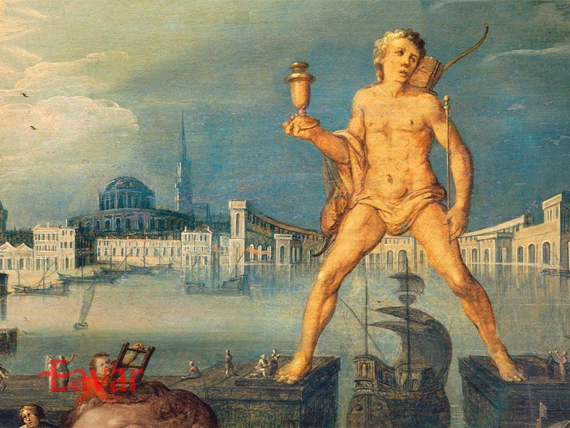 نقاشی قدیمی غول رودس از عجایب هفتگانه باستان