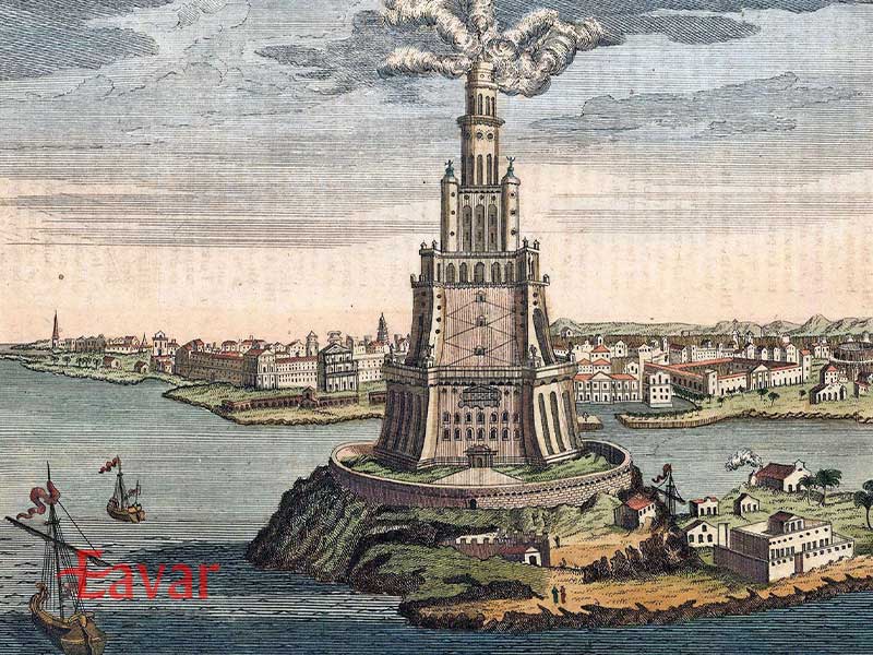 نقاشی قدیمی فانوس دریایی اسکندریه از عجایب هفتگانه قدیم